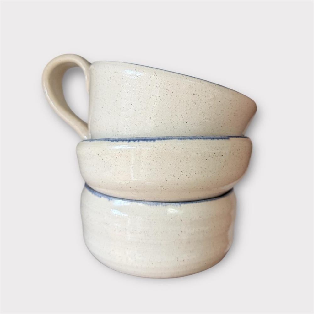 Set of 3 vintage 90s speckled cream with blue rim studio pottery Mug and bowls